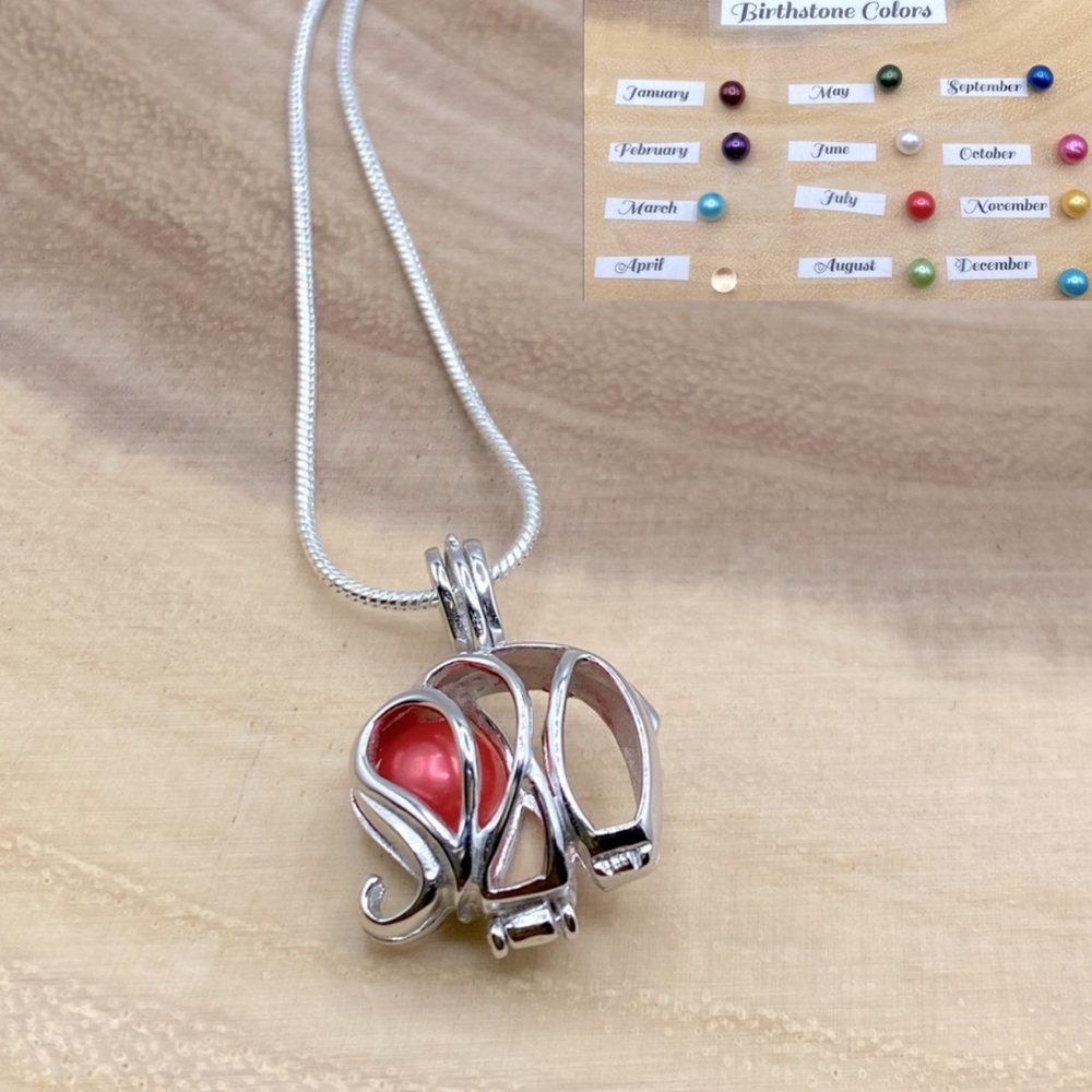 Elephant Pearl Cage Necklace, Pick A Birthstone Color